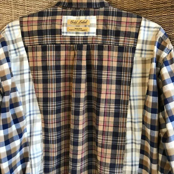 Mixed Print Button-Down Shirt, M-L: Upcycled Boho Patchwork Top, Autumn Colors - Picture 11 of 12